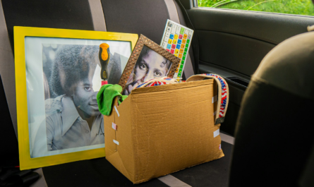 Box of items and framed pictures in car backseat