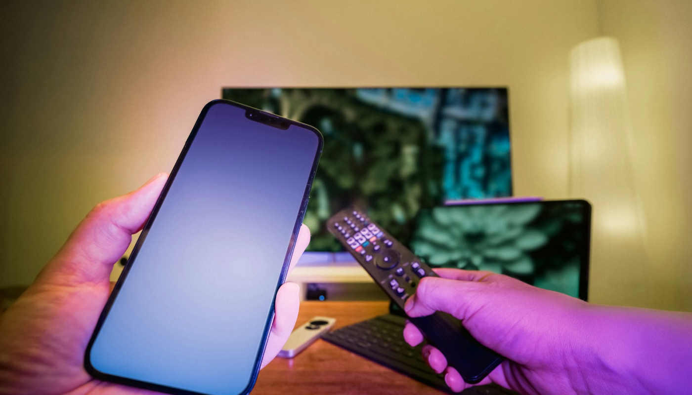 A person holding a cell phone and a remote control