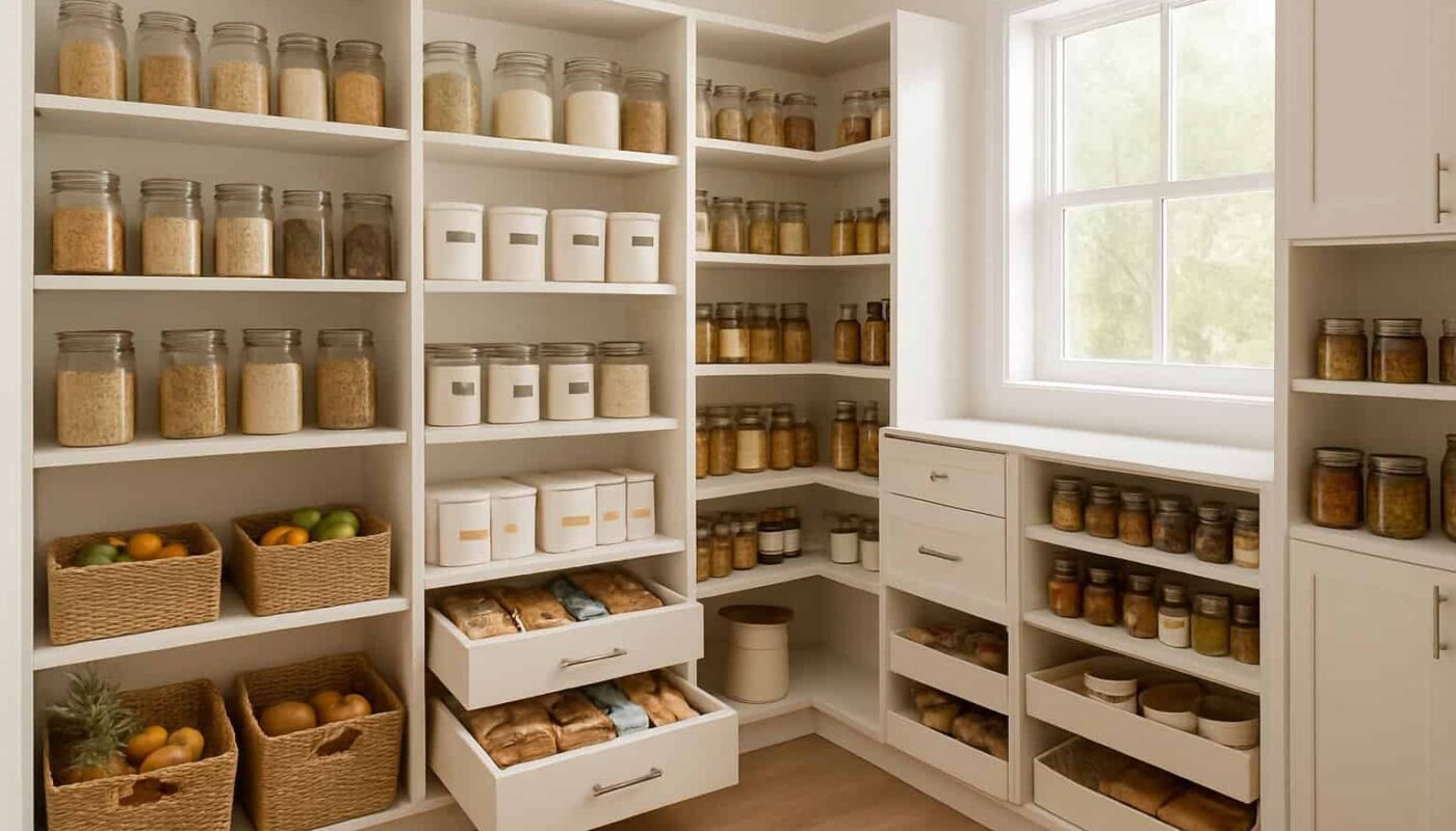 Organized pantry shelves with visible food items