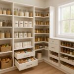 Organized pantry shelves with visible food items