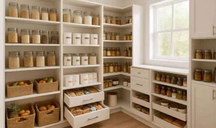 Organized pantry shelves with visible food items
