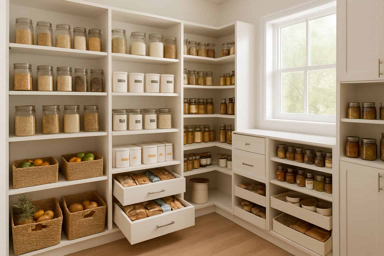 Organized pantry shelves with visible food items